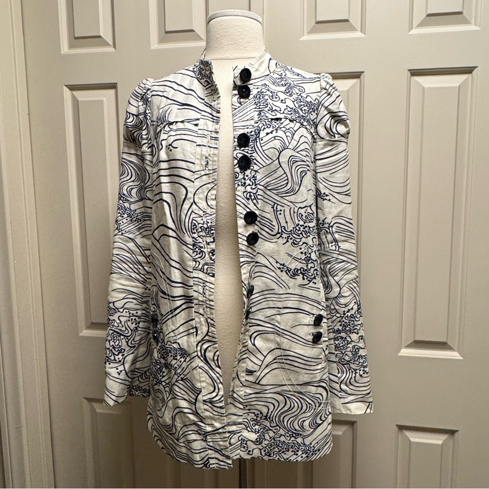 elevenses ANTHRO BRAND 2000s cream linen blend Jacket/dress with Navy Accents - Picture 4 of 13